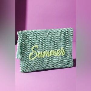 Woven Straw Pouch With Embroidery & Gold Lurex